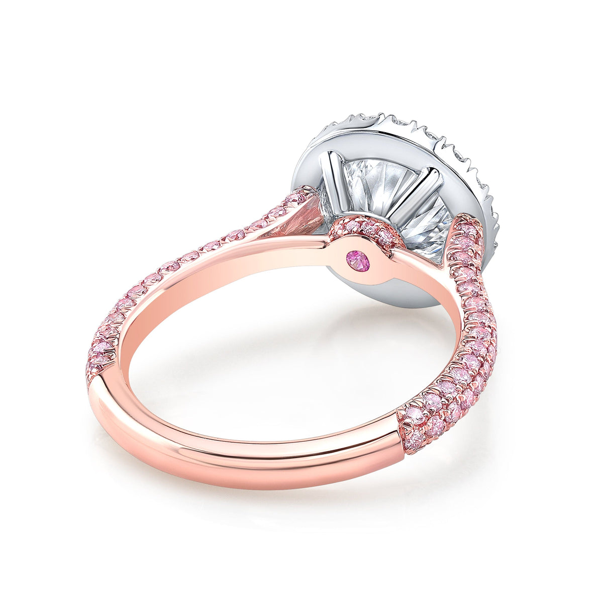 Prong less halo 3 rows pave diamond engagement ring with pink diamonds back view