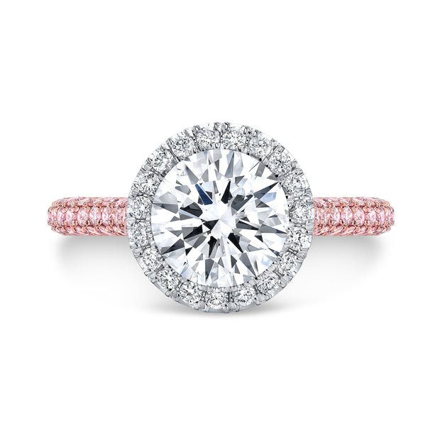 Prong-less Halo 3 Rows Pave Diamond Engagement Ring with Pink Diamonds