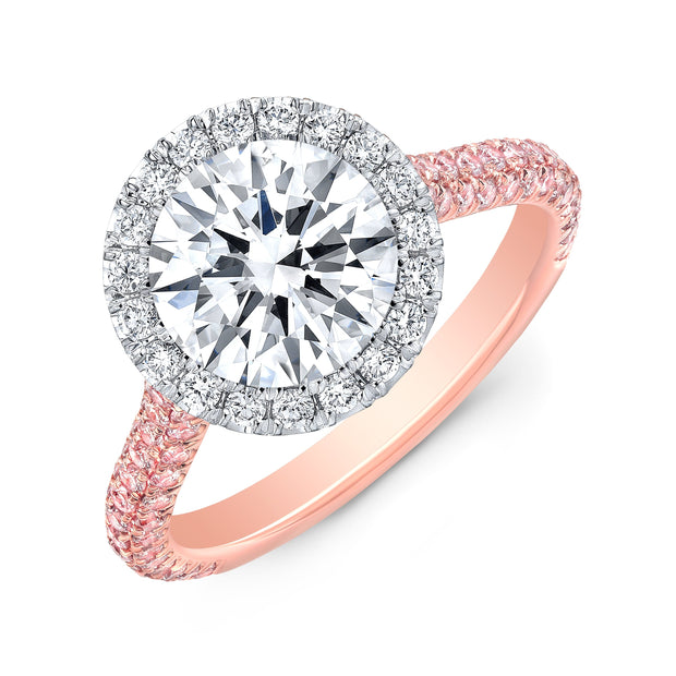 Prong-less Halo 3 Rows Pave Diamond Engagement Ring with Pink Diamonds