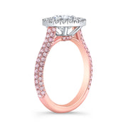 Prong-less Halo 3 Rows Pave Diamond Engagement Ring with Pink Diamonds Profile view
