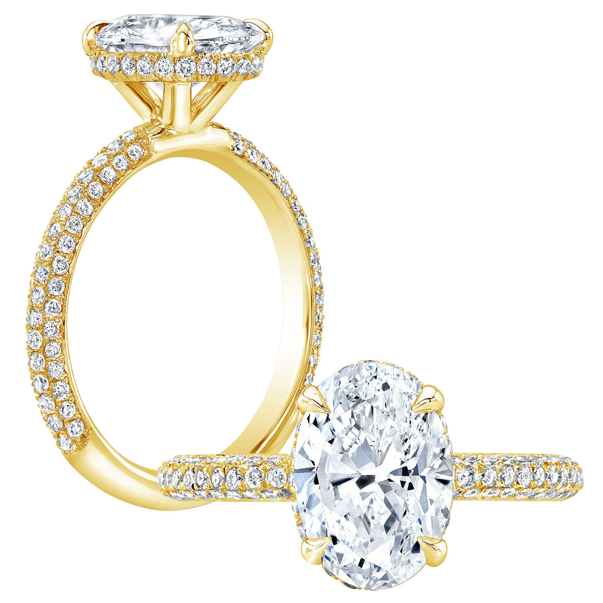 Hidden halo oval engagement ring in yellow gold