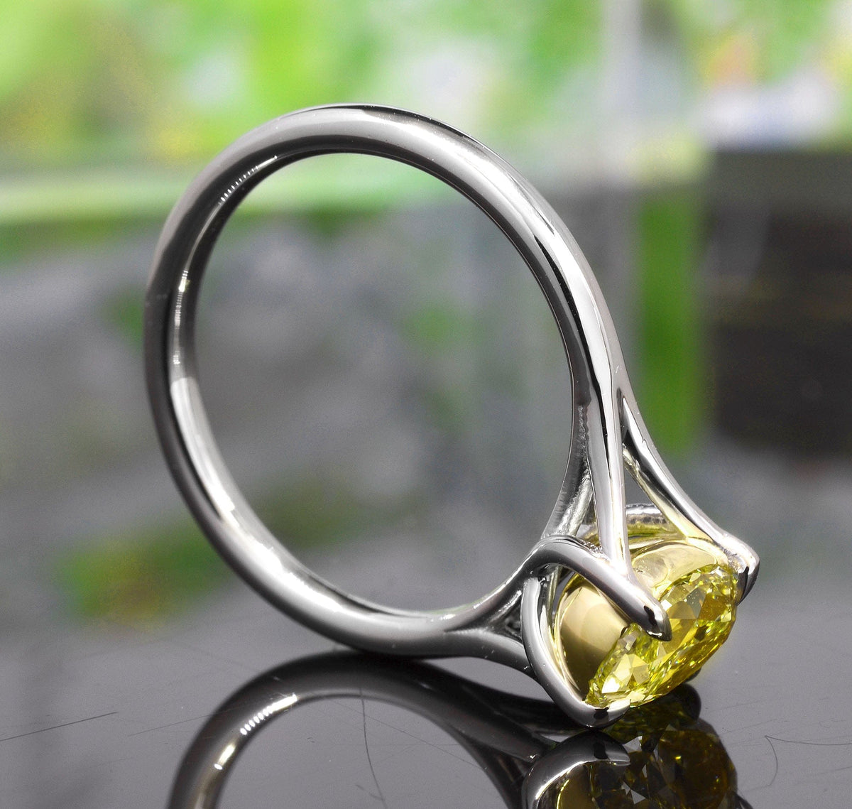 Canary fancy yellow oval cut split shank solitaire ring side profile