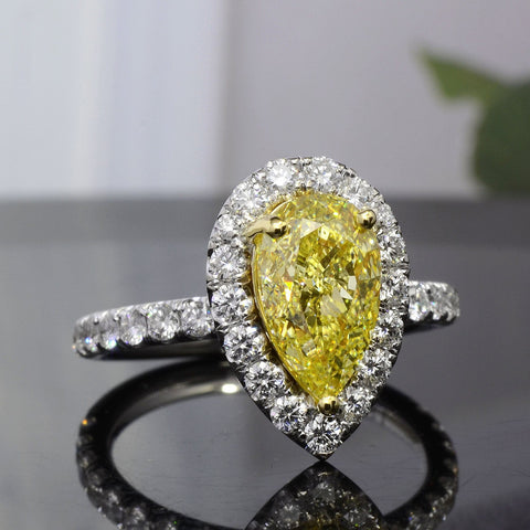 Yellow Pear Shape Halo Diamond Ring, Ct VS1 Clarity GIA