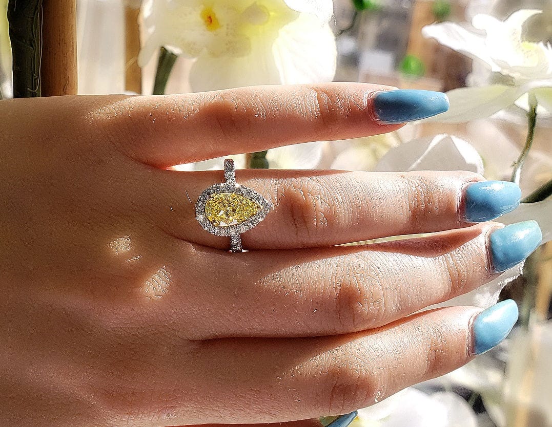 Halo canary fancy light yellow pear shape diamond ring