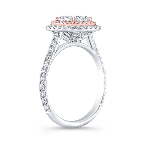 Double Halo Cushion Cut Diamond Ring with Pink Diamonds