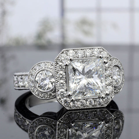 4.10 Ct Venetian Princess Cut Halo Engagement Ring H Color VS2 GIA Certified