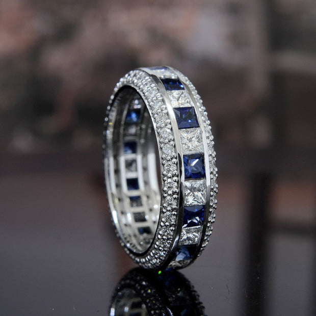 2.50 Ct. Diamonds and Blue Sapphires Eternity Ring