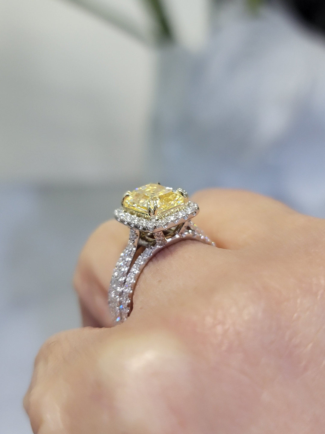  Yellow Radiant Cut Engagement Ring side view on hand