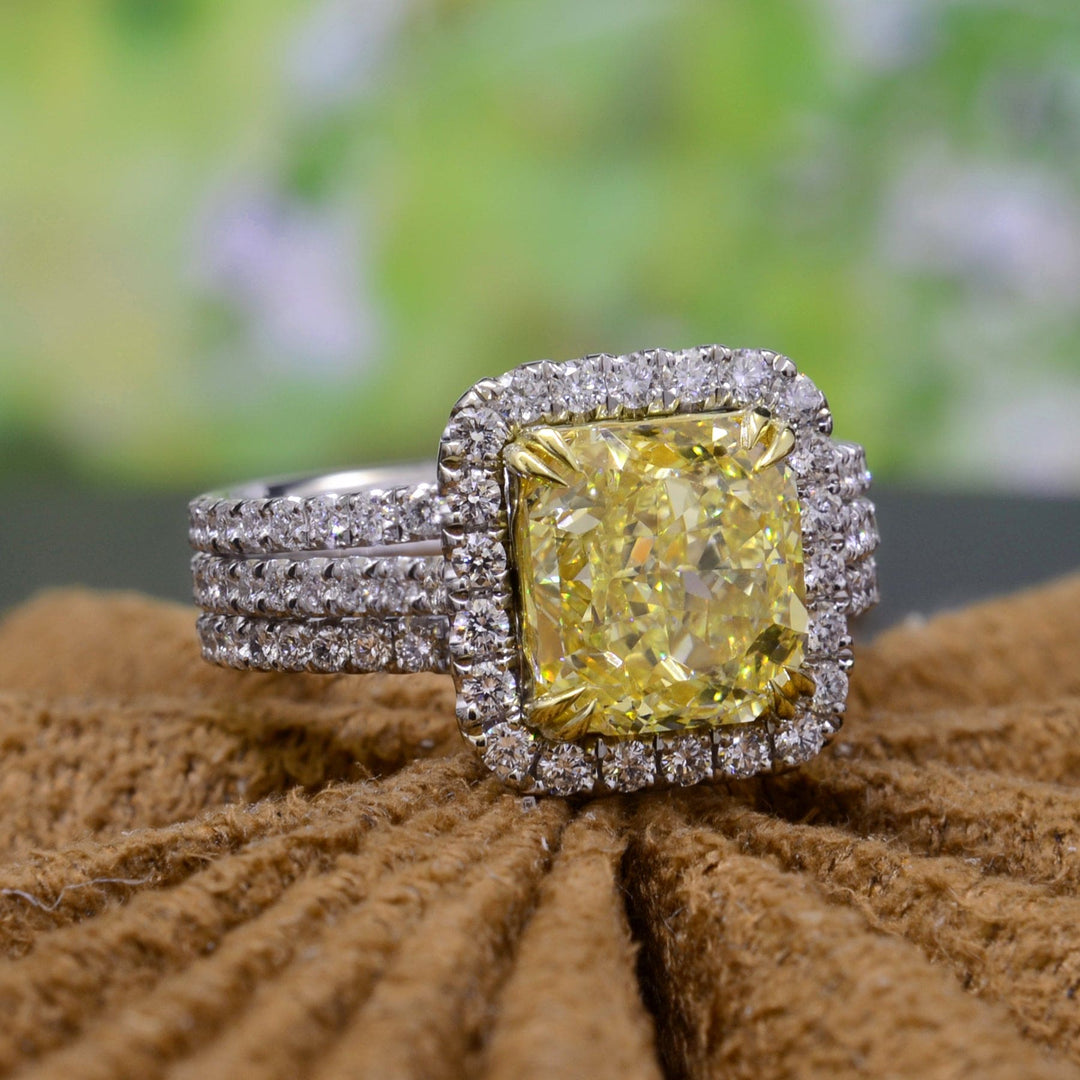 Yellow Cushion Split Shank Halo Ring Front
