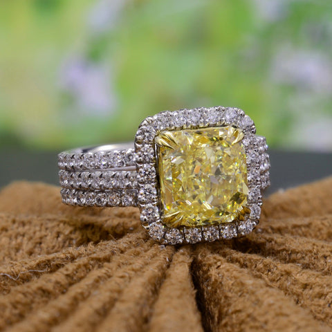 Yellow Cushion Split Shank Halo Ring Front