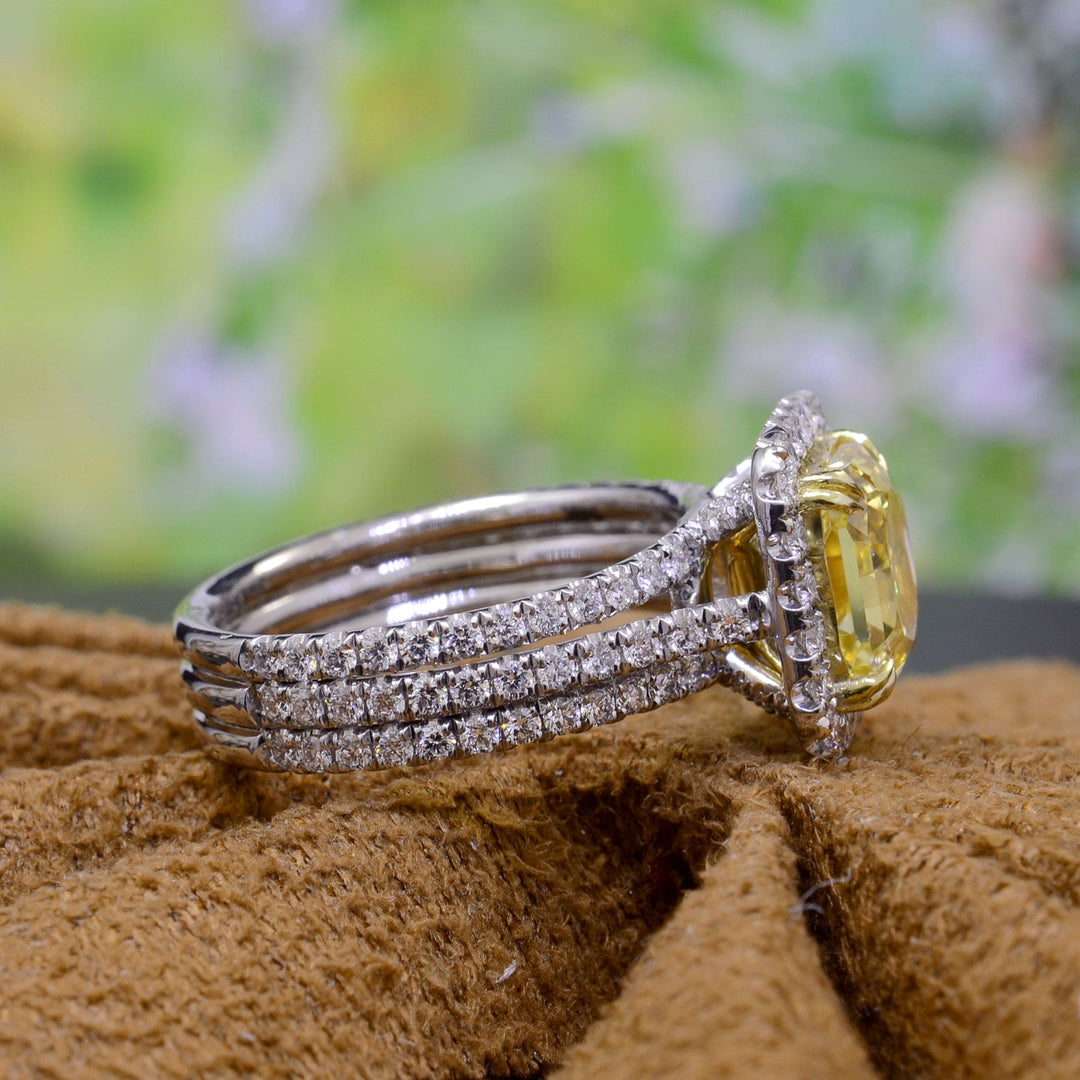 Yellow Cushion Split Shank Halo Ring Side