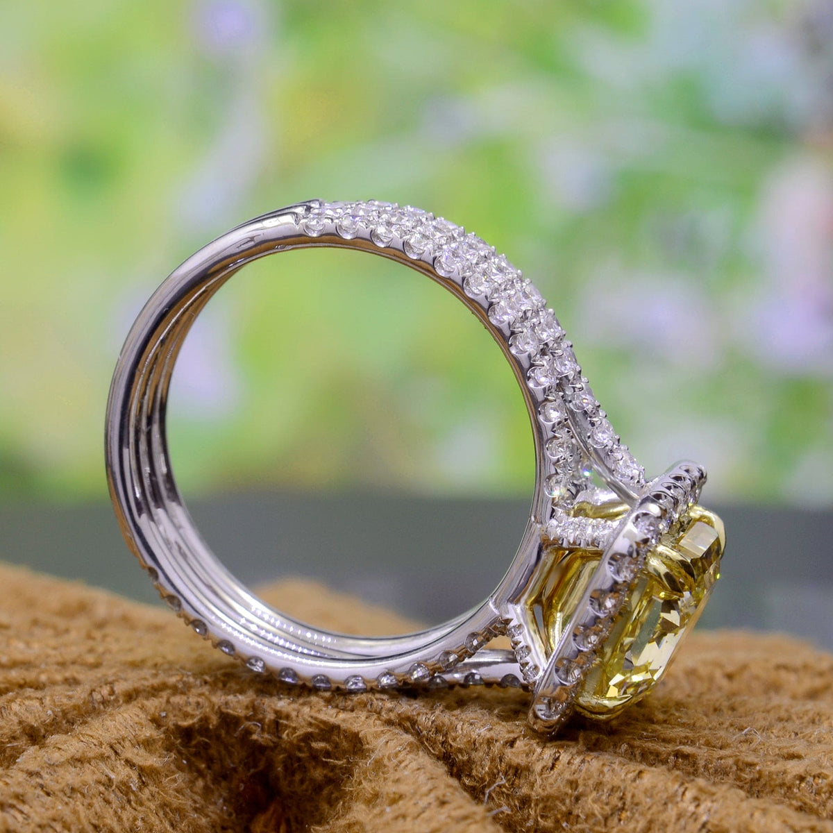 Yellow cushion split shank halo ring