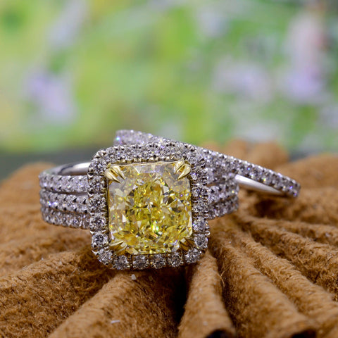 Yellow Cushion Split Shank Halo Ring Set