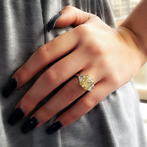 Canary Fancy Yellow Cushion and Half Moons Diamond Ring on Hand