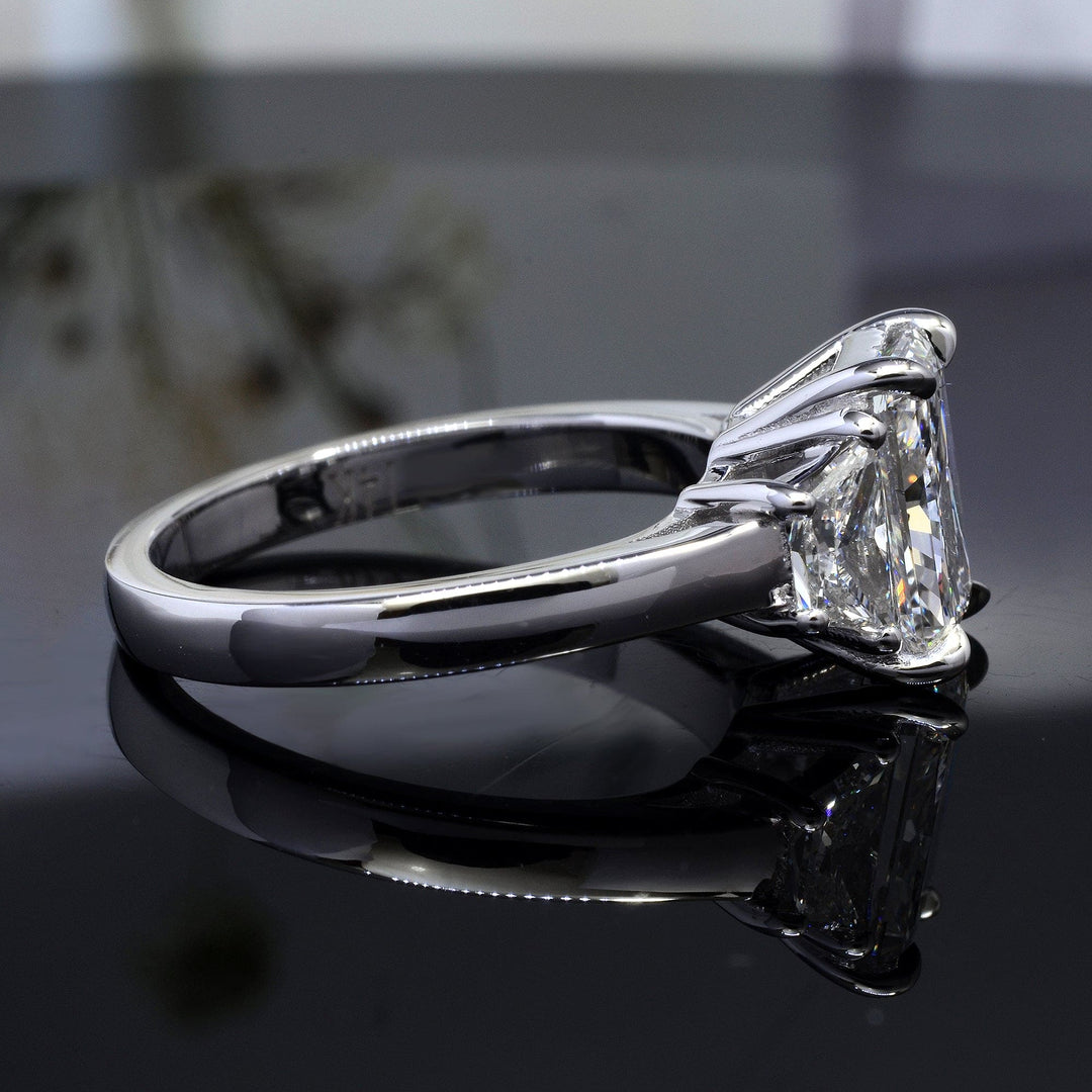 3.50 Ct. 3 Stone Radiant Cut Engagement Ring with Trapezoids H Color VS1 GIA Certified
