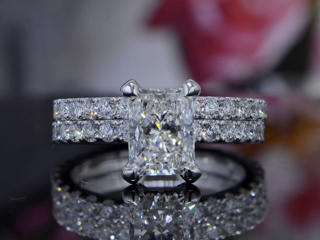 Radiant Cut Hidden Halo Engagement Ring Set
