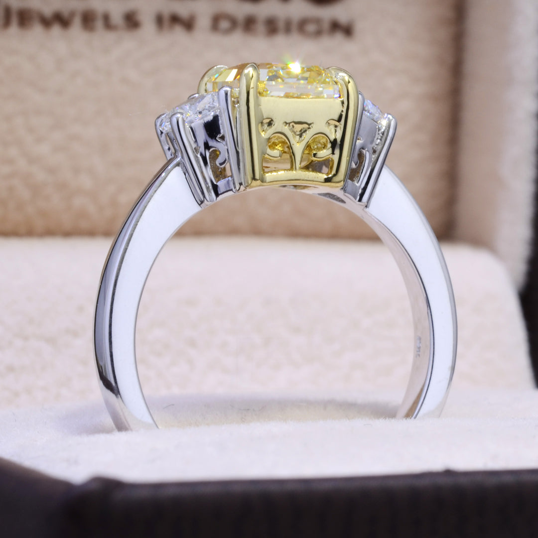 2.00 Ct. Fancy Light Yellow Canary Cushion & Half Moon 3Stone Ring VS1 GIA Certified