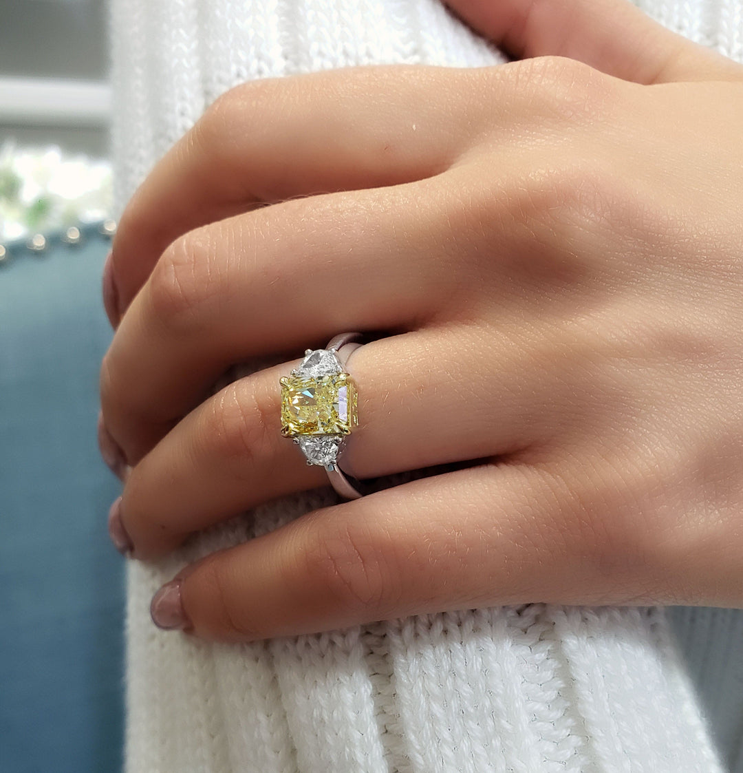 2.00 Ct. Fancy Yellow Cushion 3 Stone Diamond Ring VS2 GIA Certified