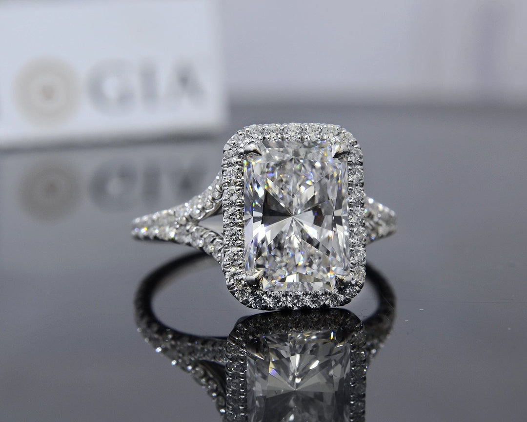 2.20 Ctw Radiant Cut Halo Split Shank Engagement Ring F Color VVS1 GIA Certified