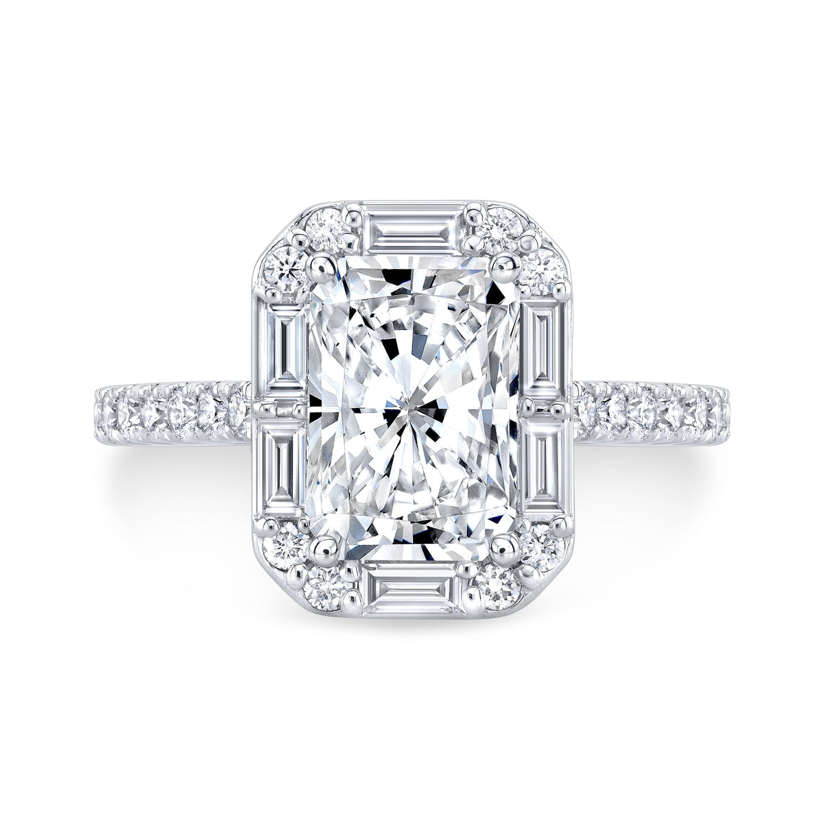 Radiant cut engagement ring with halo baguette & round cut top view white gold