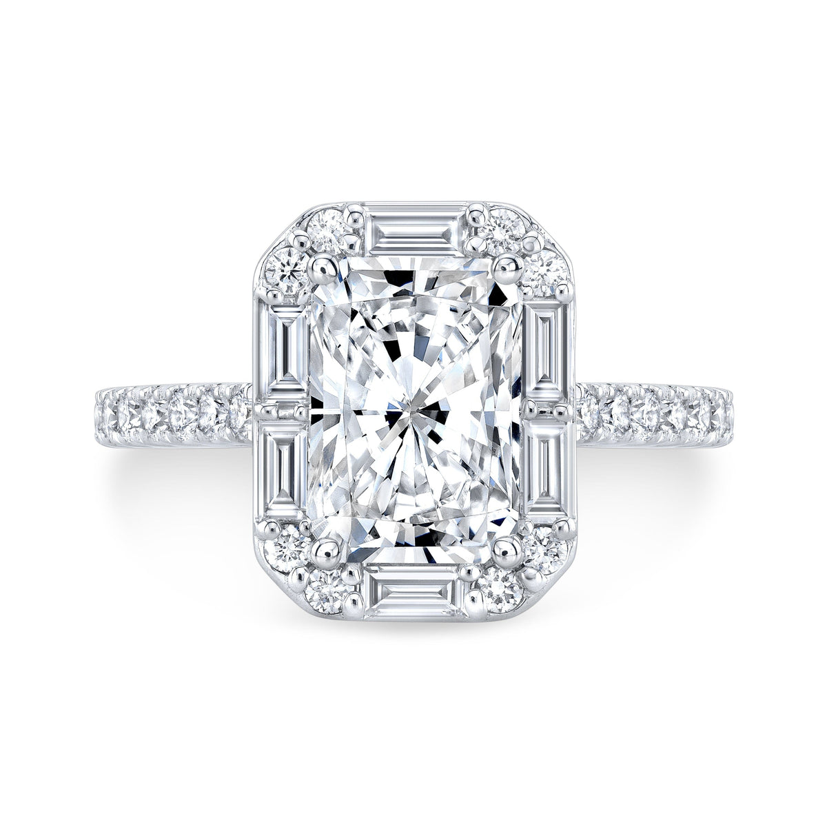 Radiant cut engagement ring with halo baguette & round cut top view