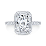 Radiant Cut Engagement Ring with Halo Baguette & Round Cut top view white gold