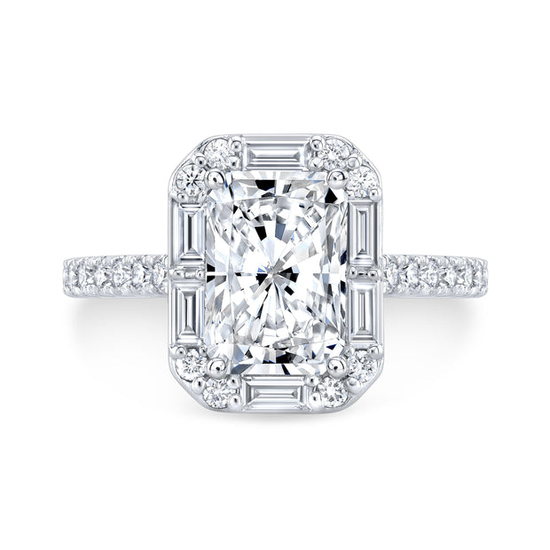 Radiant Cut Engagement Ring with Halo Baguette & Round Cut top view white gold