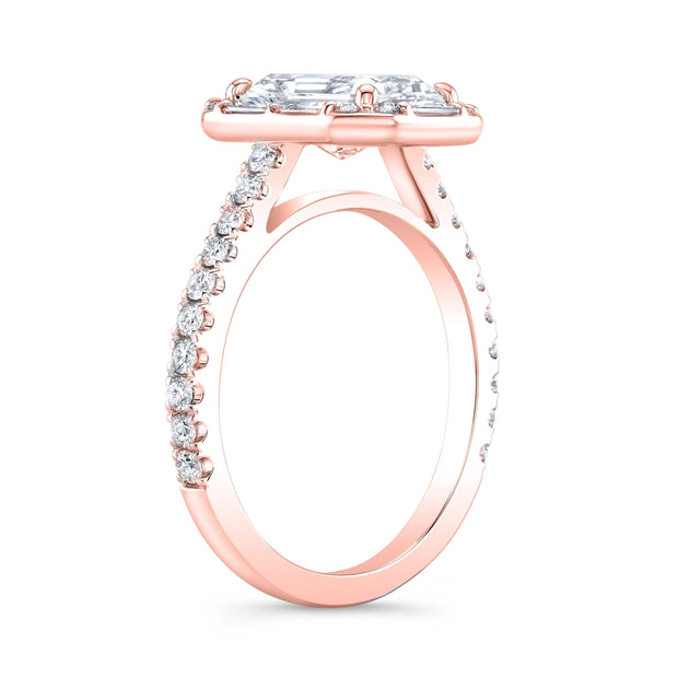 Radiant Cut Engagement Ring with Halo Baguette & Round Cut rose gold side view
