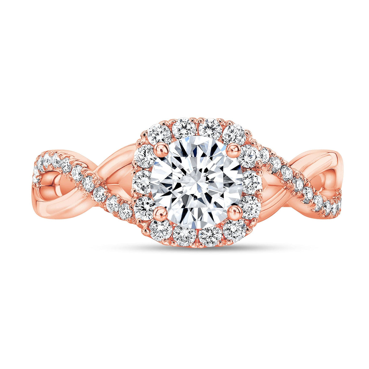 Twist halo diamond engagement ring rose gold