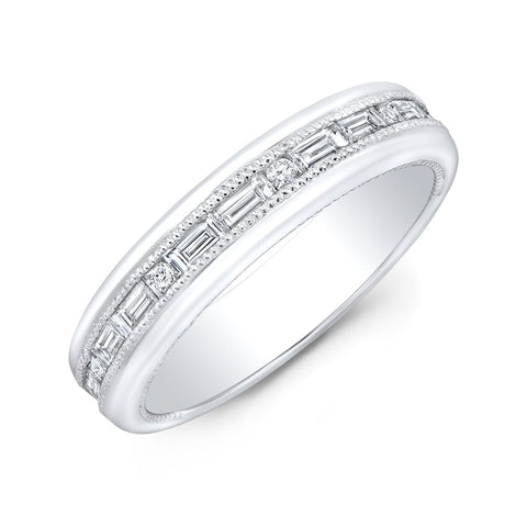 0.70 Ct Round & Baguette Men's Diamond Ring Channel Set with Milgrain 5mm Width