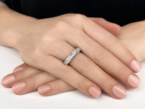 Emerald Cut Half Eternity Band with Pave Profile on Hand