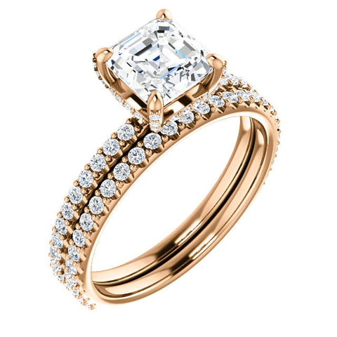 Asscher Cut Hidden Halo Diamond Ring Set Rose Gold
