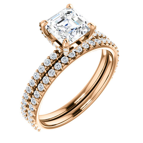 Hidden Halo Asscher Cut Diamond Ring & Matching Band Rose Gold