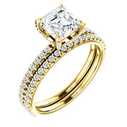 Hidden Halo Asscher Cut Diamond Ring & Matching Band Yellow gold