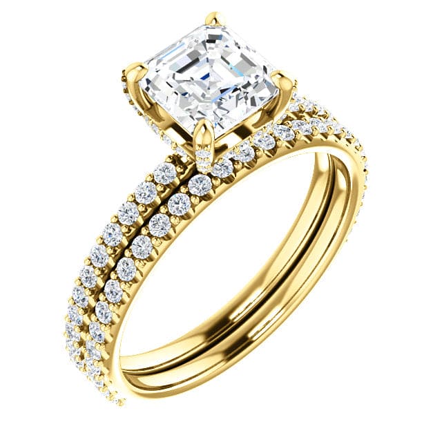 Asscher hidden halo diamond ring set yellow gold