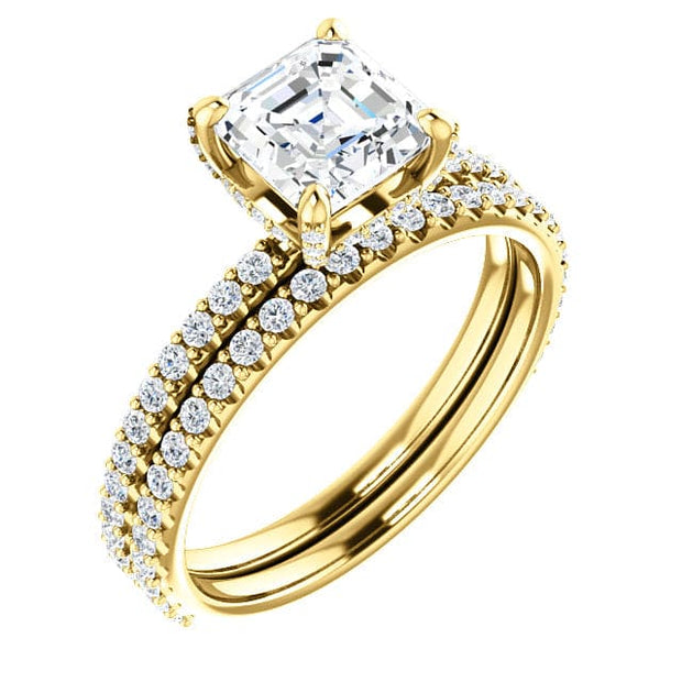 Asscher Hidden Halo Diamond Ring Set Yellow Gold