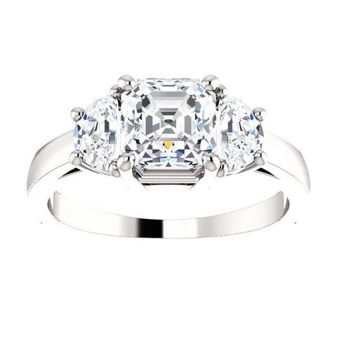 Asscher Cut with Half Moons 3 Stone Diamond Ring