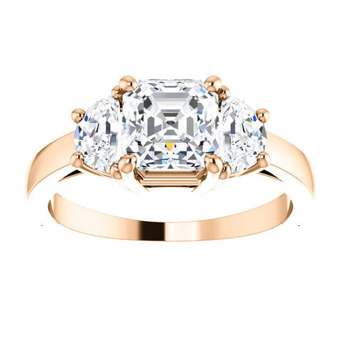 Asscher Cut with Half Moons 3 Stone Diamond Ring rose gold