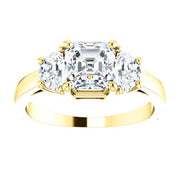 Asscher Cut with Half Moons 3 Stone Diamond Ring yellow gold
