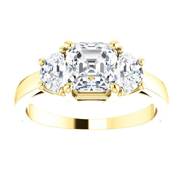 Asscher Cut with Half Moons 3 Stone Diamond Ring yellow gold