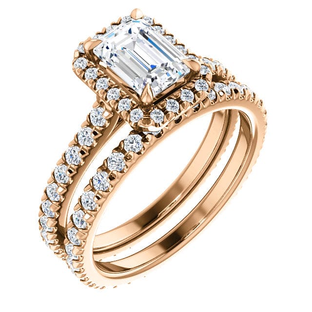Halo Emerald Cut Diamond Engagement Set  rose gold
