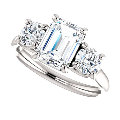 3 Stone Emerald Cut & Rounds Diamond Ring Left View