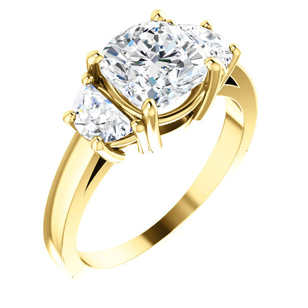 3 stone cushion cut engagement ring in yellow gold