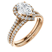 Halo Teardrop Pear Cut Engagement Ring Set Rose Gold