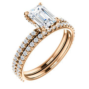 Hidden Halo Emerald Cut Diamond Ring Set Rose Gold