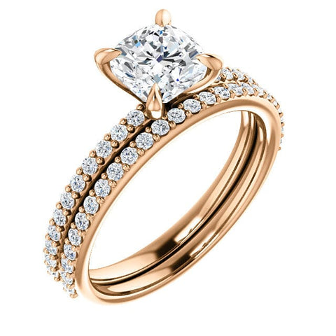 Cushion Cut Diamond Ring with Matching Band Rose Gold