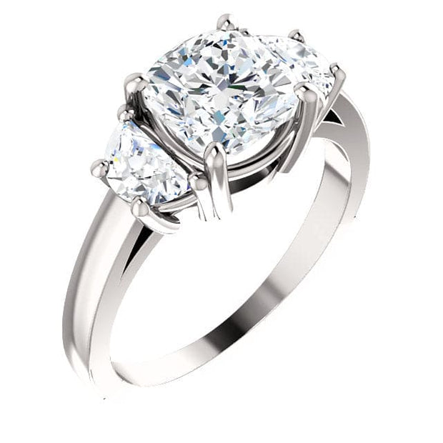 3 stone cushion cut engagement ring in white gold