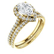 Halo Teardrop Pear Cut Engagement Ring Set Yellow Gold