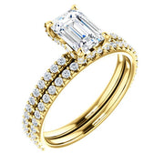 Hidden Halo Emerald Cut Engagement Ring Set Yellow Gold