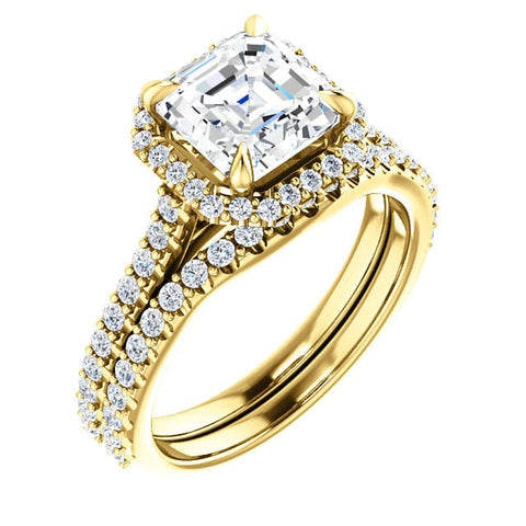 Halo Asscher Cut Diamond Ring & Matching Band Yellow Gold
